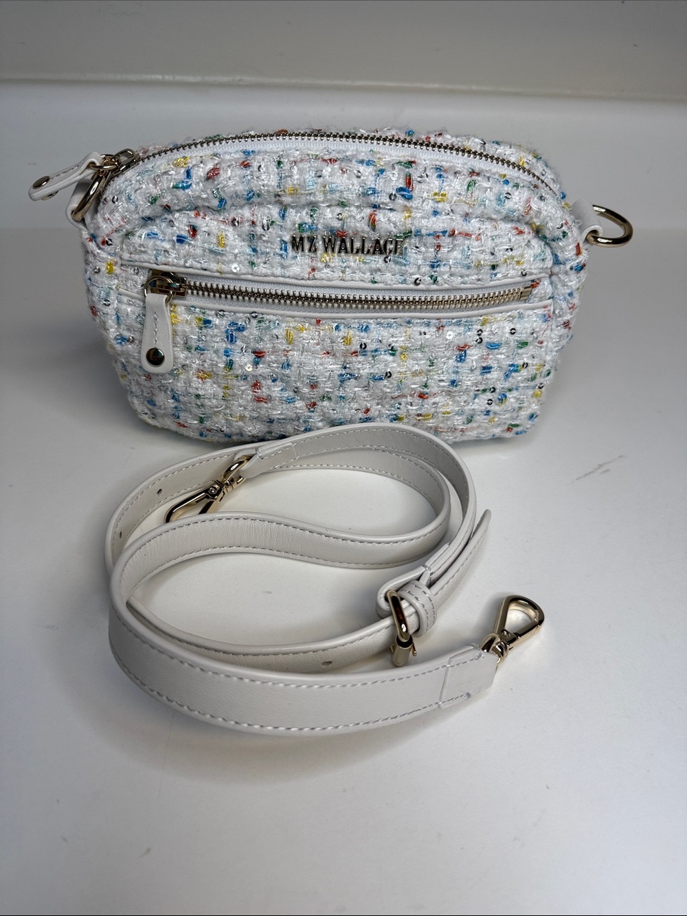 MZ WALLACE White Tweed Boucle  Bag with leather strap